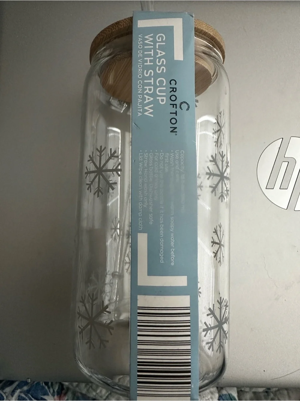 New Glass Canister with Snowflake Etching and Wood Lid